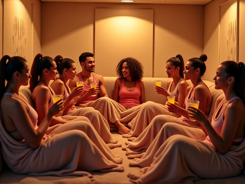 A group of athletes smiling and relaxing in a cryotherapy recovery lounge after their session. The room is warm and inviting, with soft lighting and comfortable seating. The athletes are wrapped in cozy blankets, sipping on recovery drinks, and discussing their experiences in a positive and supportive environment.