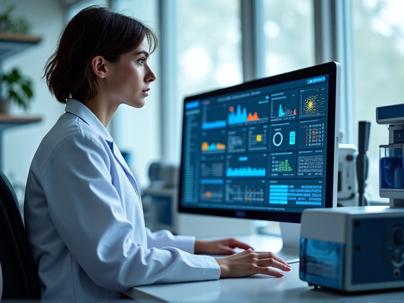 A researcher in a lab coat analyzing data on a computer screen, with charts and graphs displayed. The background shows a cryotherapy device and medical equipment. The lighting is bright and clinical, emphasizing the scientific rigor of the study.