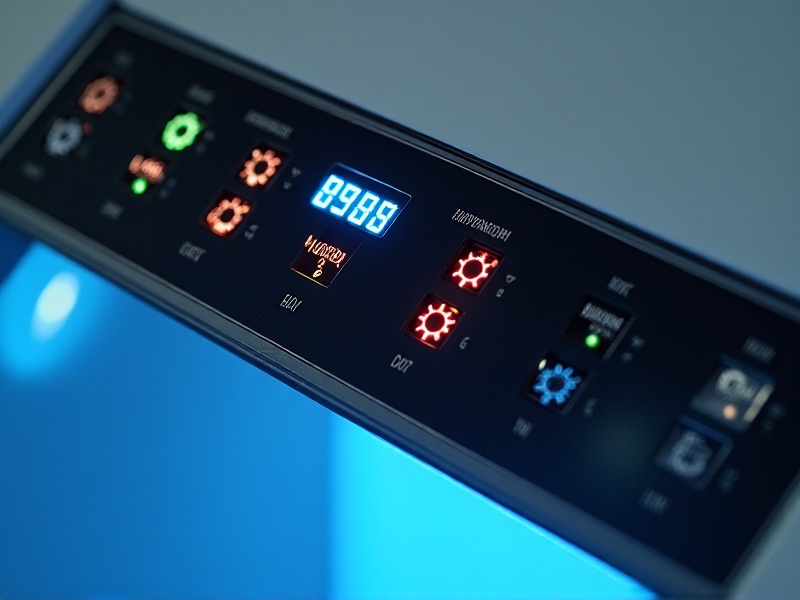 A close-up of a home cryotherapy machine's control panel, showcasing various safety features such as temperature sensors, timers, and alarm indicators. The image highlights the importance of safety mechanisms in protecting users during cryotherapy sessions.