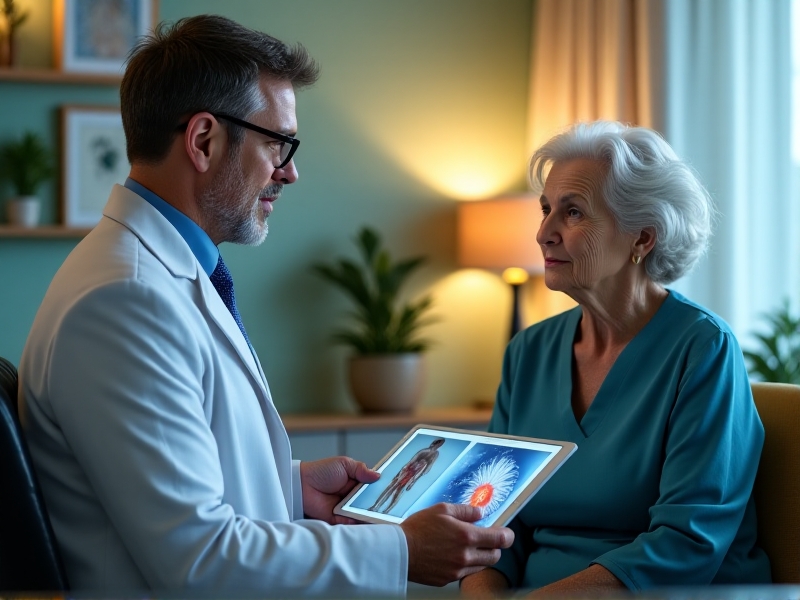 A healthcare professional in a white coat discussing treatment options with an elderly patient in a well-lit clinic. The doctor is holding a tablet, showing a diagram of cryotherapy treatment, while the patient listens attentively. The room is decorated with calming colors, promoting a sense of trust and care.