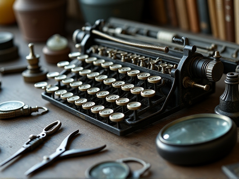 A close-up of various typewriter parts, including keys, springs, and typebars, arranged on a workbench with tools and a magnifying glass, showcasing the intricate mechanics of vintage typewriters.