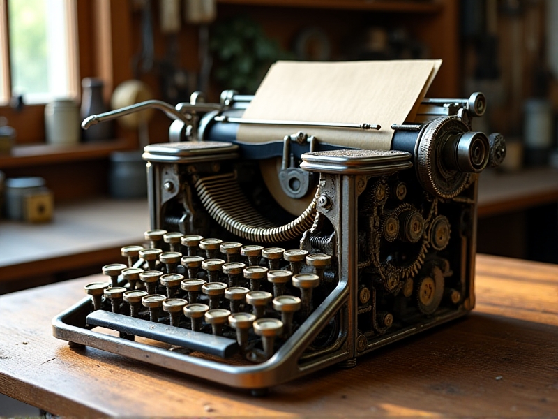 A partially disassembled antique typewriter with its outer casing removed, revealing the intricate gear system and internal mechanisms, set on a wooden workbench with soft natural light highlighting the details.