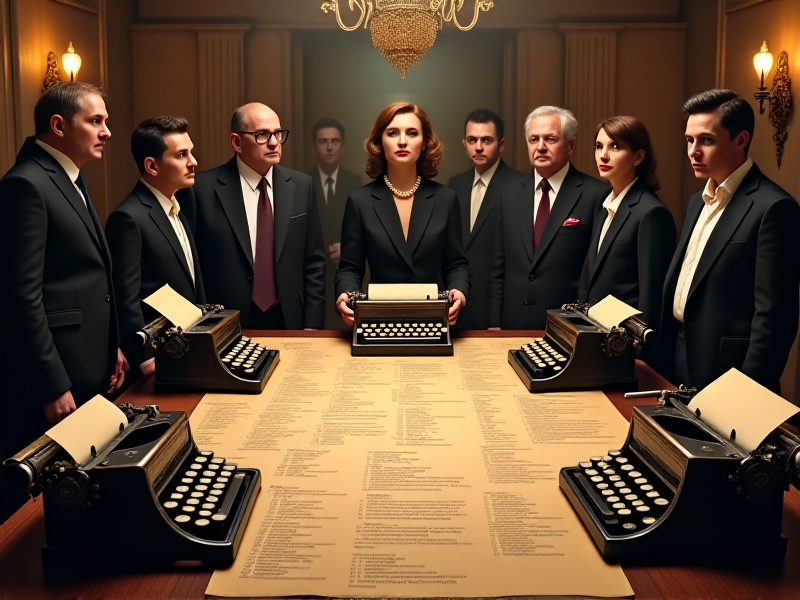 A detailed event planning checklist with notes on venue selection, promotion, and scheduling, set against a backdrop of vintage typewriters and office supplies.