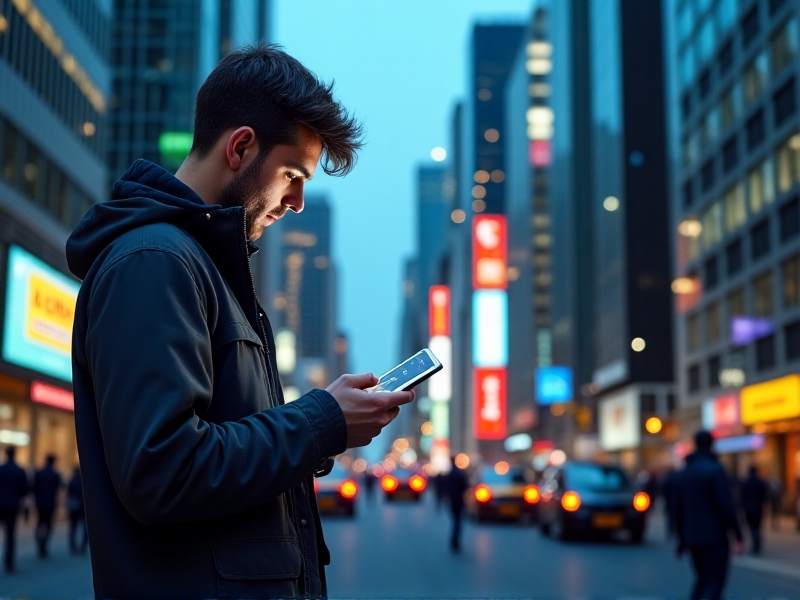 A technician using a smartphone app to accept a repair request in a bustling urban setting, with a focus on the app interface showing real-time tracking and a map with the technician’s location highlighted.